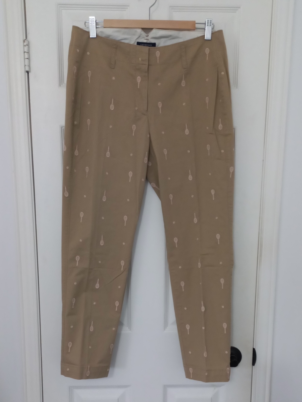 Lands' End Womens Tan Pants with Light Pink Tennis Racket Print